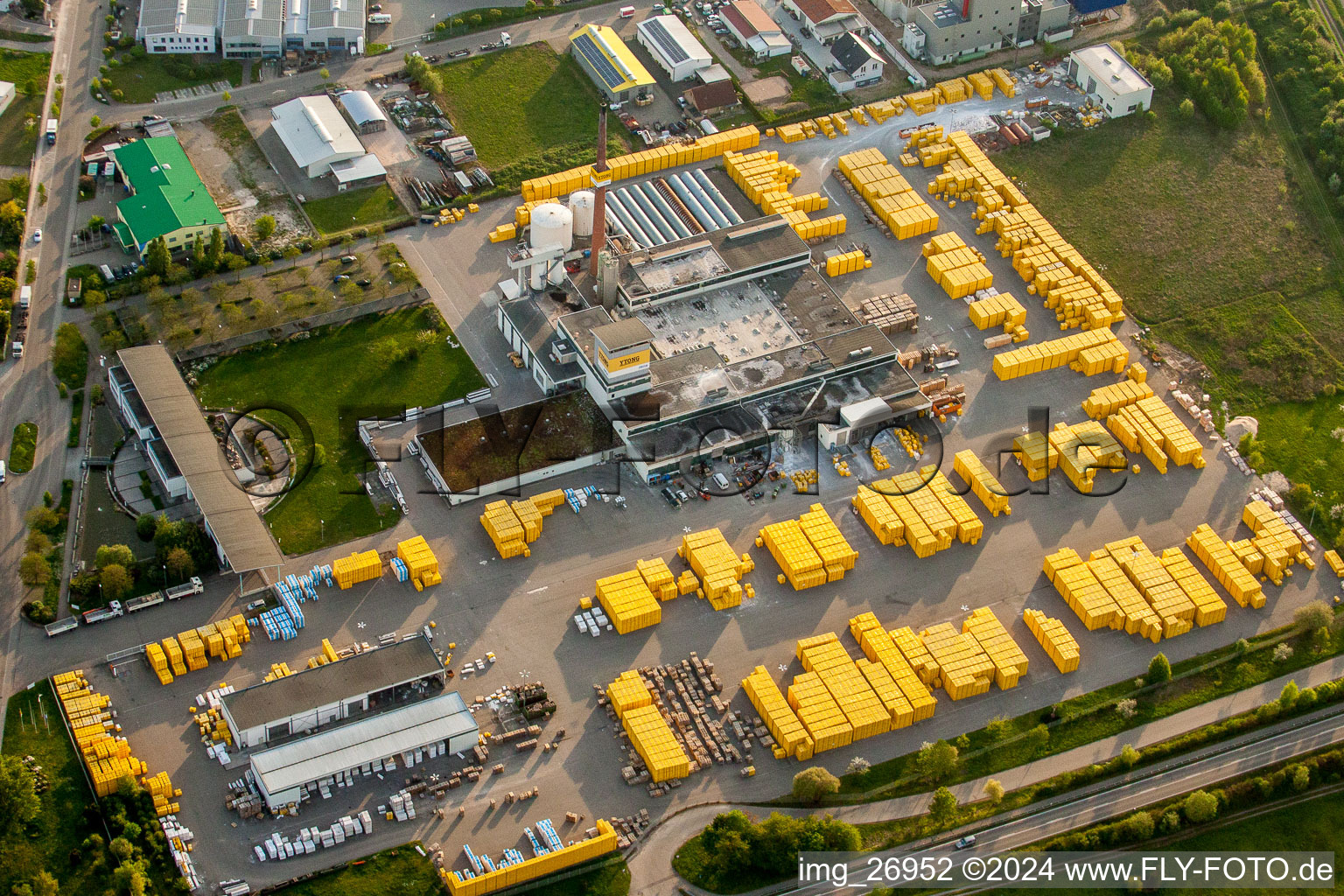 Aerial view of Building Materials and logistics center Bau- and Projektmanagement Sued GmbH - Ytong Bausatzhaus Partner in Malsch in the state Baden-Wurttemberg, Germany