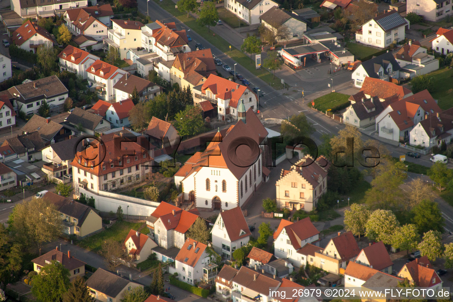 Aerial view of Church building Pilgrimage church Maria Bickesheim in Durmersheim in the state Baden-Wurttemberg