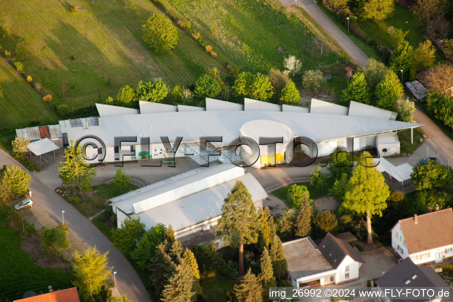 Aerial view of School building of the primary school Wuermersheim in the district Wuermersheim in Durmersheim in the state Baden-Wurttemberg