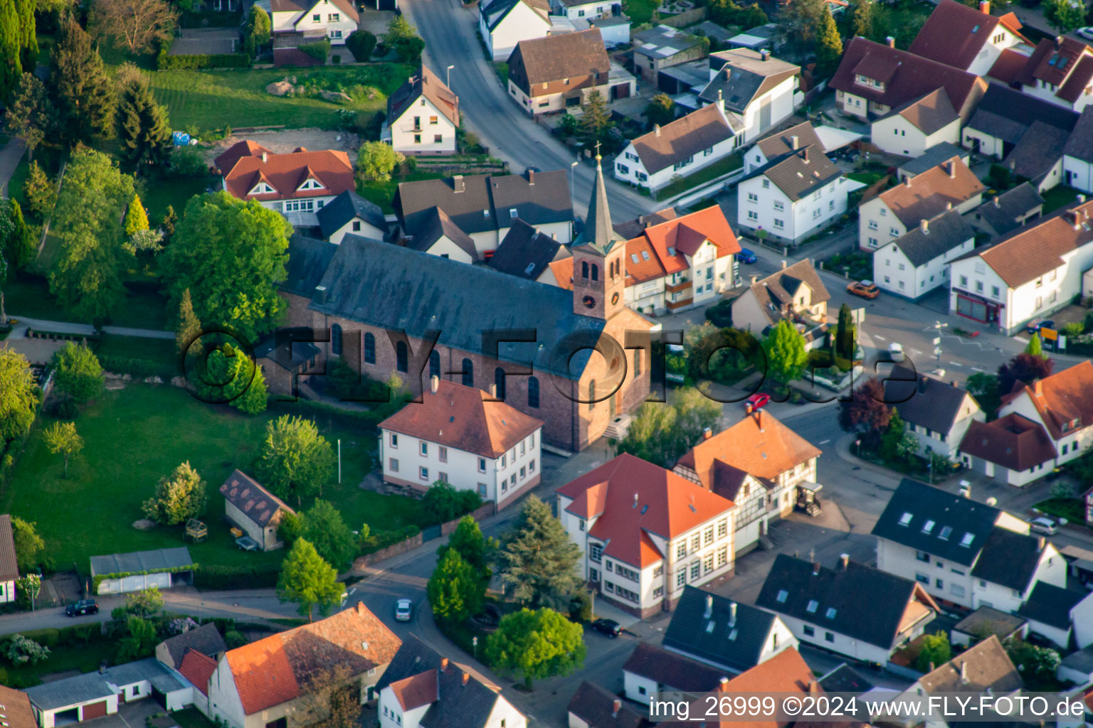 Town View of the streets and houses of the residential areas in the district Neuburgweier in Au am Rhein in the state Baden-Wurttemberg from above