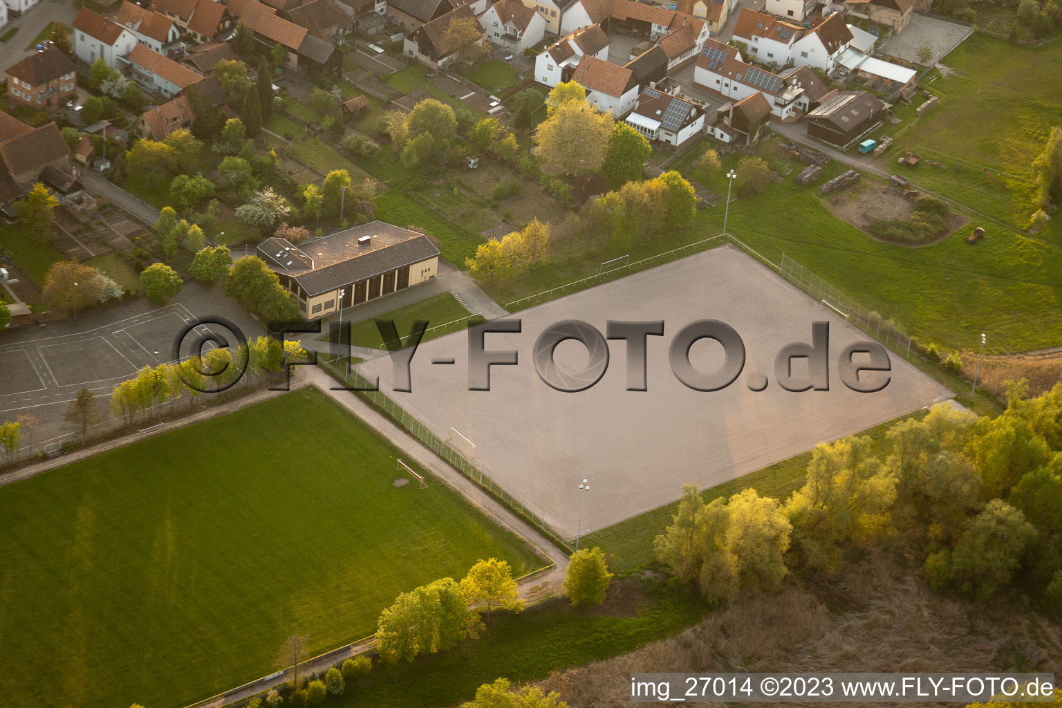 Aerial view of Soccer fields in the district Büchelberg in Wörth am Rhein in the state Rhineland-Palatinate, Germany