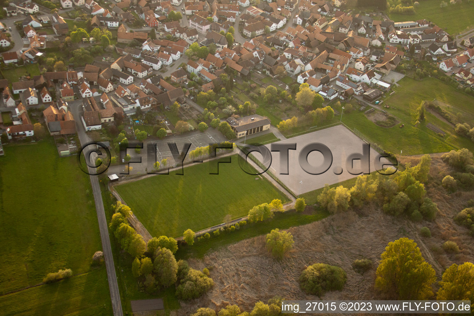 Aerial photograpy of Soccer fields in the district Büchelberg in Wörth am Rhein in the state Rhineland-Palatinate, Germany