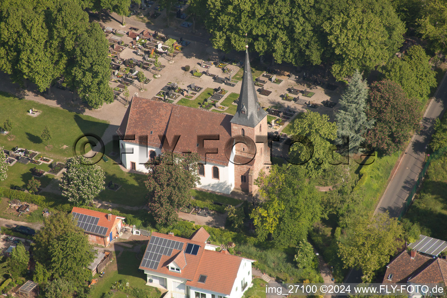 Aerial view of Church building in the village of in Insheim in the state Rhineland-Palatinate, Germany