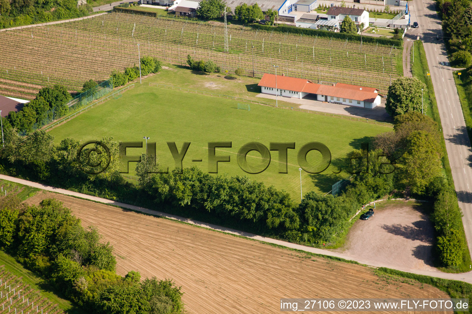 Aerial view of Sports ground in Impflingen in the state Rhineland-Palatinate, Germany