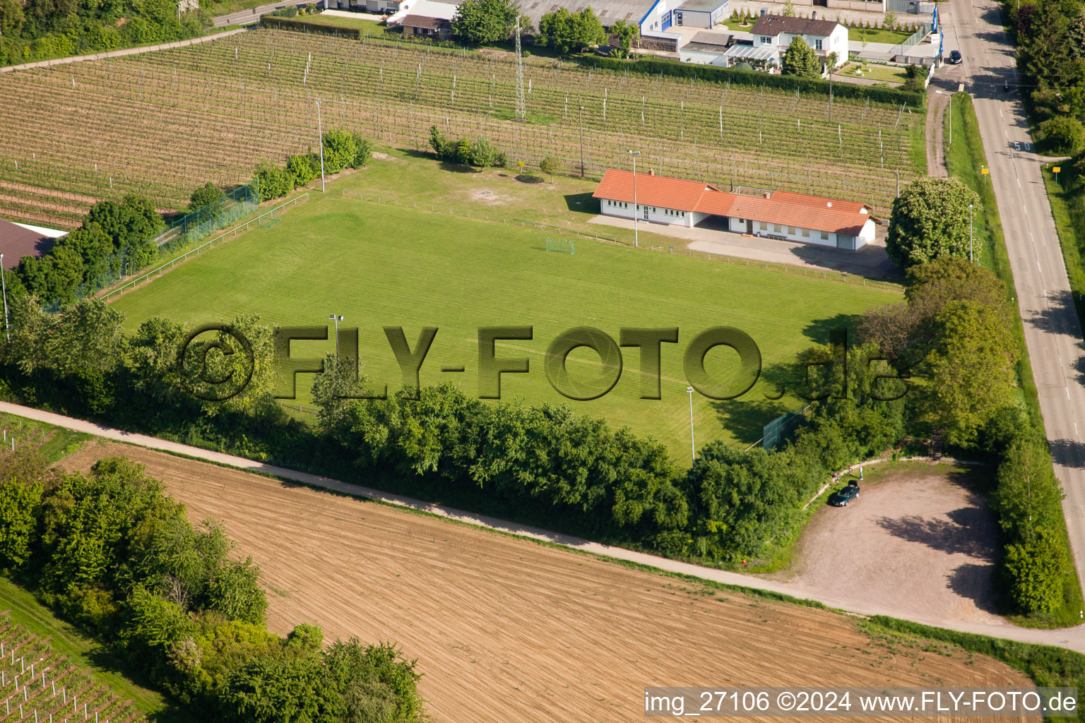 Aerial view of Sports field in Impflingen in the state Rhineland-Palatinate, Germany