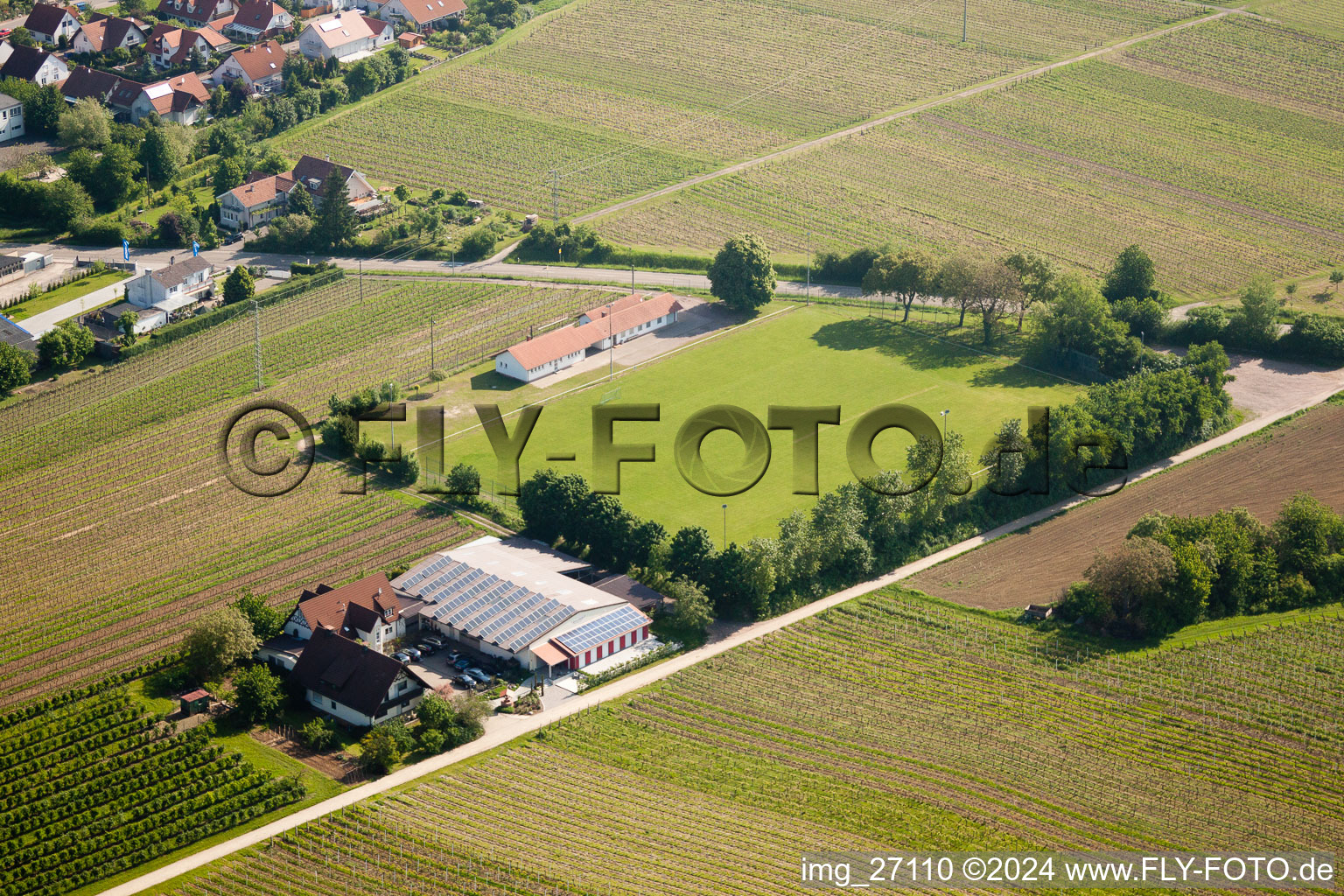 Oblique view of Sports field in Impflingen in the state Rhineland-Palatinate, Germany