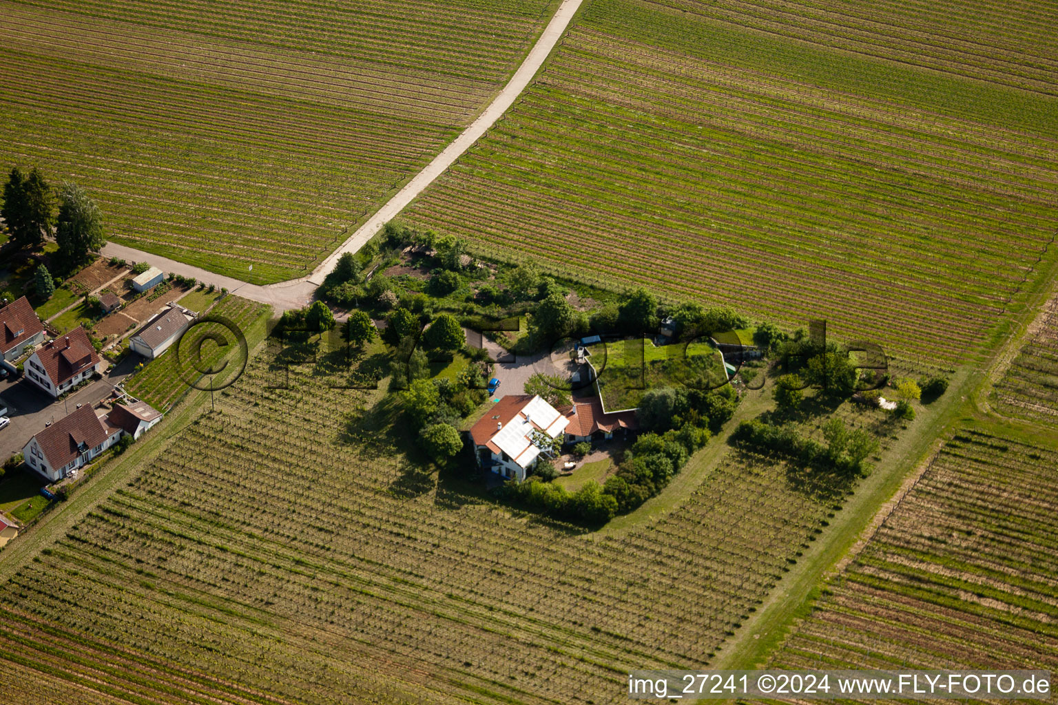 Aerial view of Bioland Marzolph Winery in the district Wollmesheim in Landau in der Pfalz in the state Rhineland-Palatinate, Germany