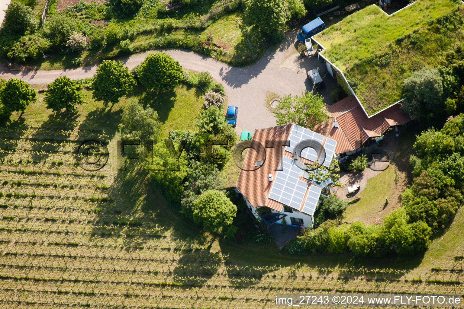 Oblique view of Bioland Marzolph Winery in the district Wollmesheim in Landau in der Pfalz in the state Rhineland-Palatinate, Germany