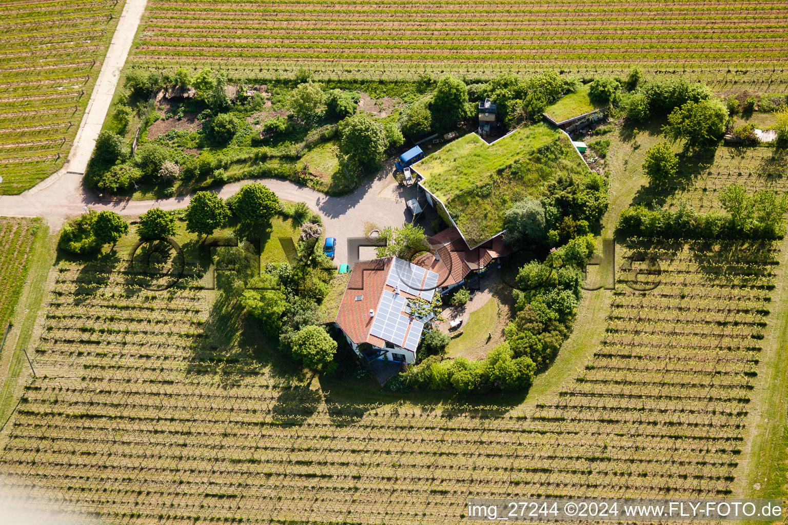 Bioland Marzolph Winery in the district Wollmesheim in Landau in der Pfalz in the state Rhineland-Palatinate, Germany from above