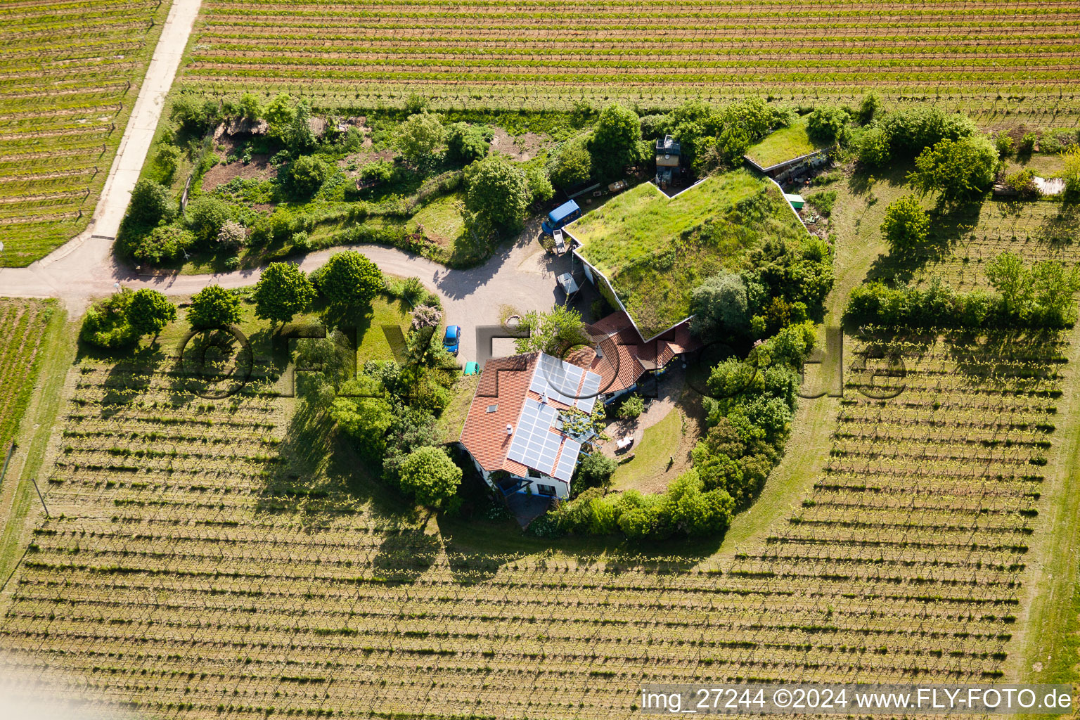 Bioland Winery Marzolph in the district Wollmesheim in Landau in der Pfalz in the state Rhineland-Palatinate, Germany from above