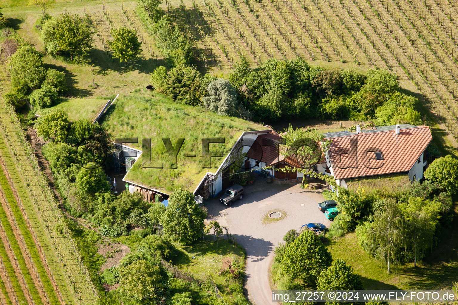 Aerial view of Bioland winegrowing under the grass roof Marzolph winery in the district Wollmesheim in Landau in der Pfalz in the state Rhineland-Palatinate, Germany