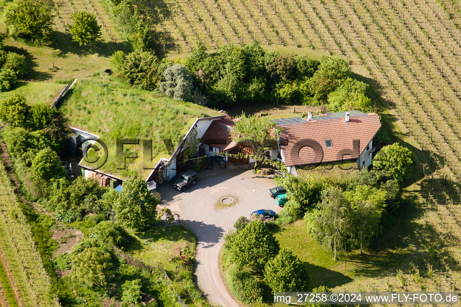 Aerial photograpy of Bioland winegrowing under the grass roof Marzolph winery in the district Wollmesheim in Landau in der Pfalz in the state Rhineland-Palatinate, Germany