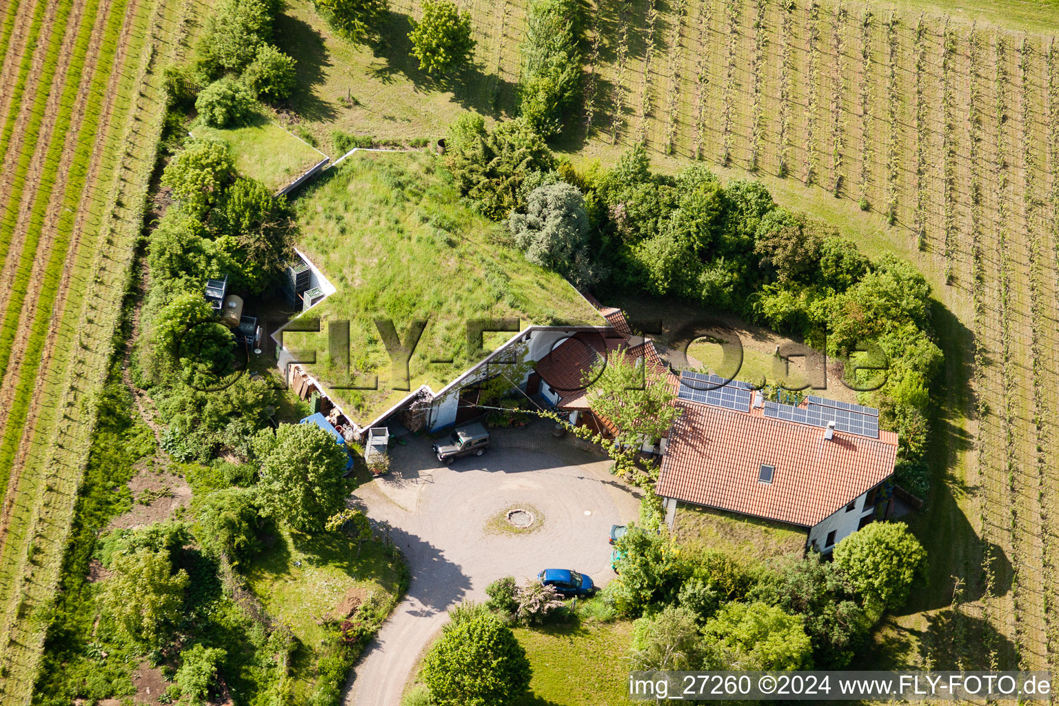 Bioland winegrowing under the grass roof Marzolph winery in the district Wollmesheim in Landau in der Pfalz in the state Rhineland-Palatinate, Germany from above