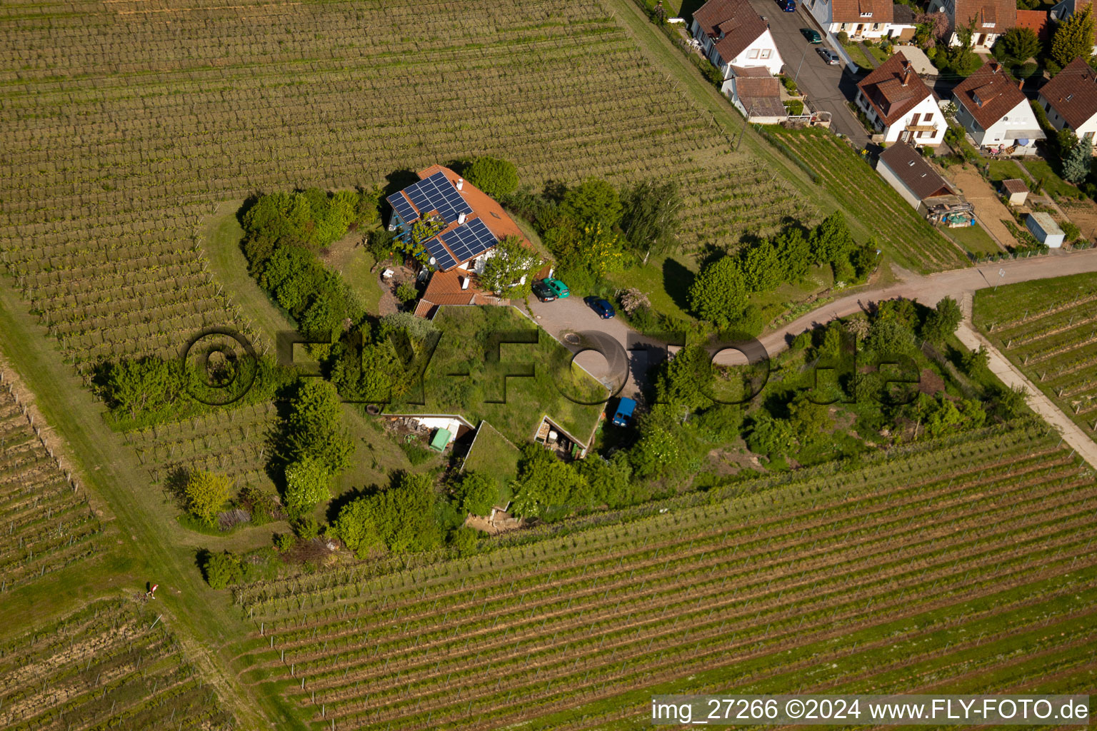 Bioland winegrowing under the grass roof Marzolph winery in the district Wollmesheim in Landau in der Pfalz in the state Rhineland-Palatinate, Germany viewn from the air