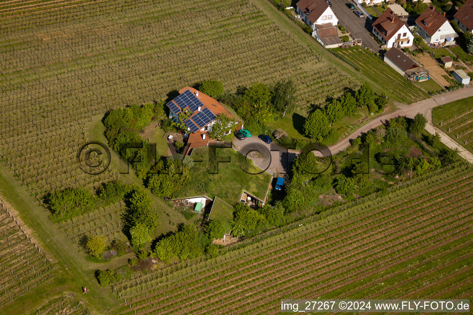 Drone recording of BiolandViticulture Unterm Grassdach Winery Marzolph in the district Wollmesheim in Landau in der Pfalz in the state Rhineland-Palatinate, Germany