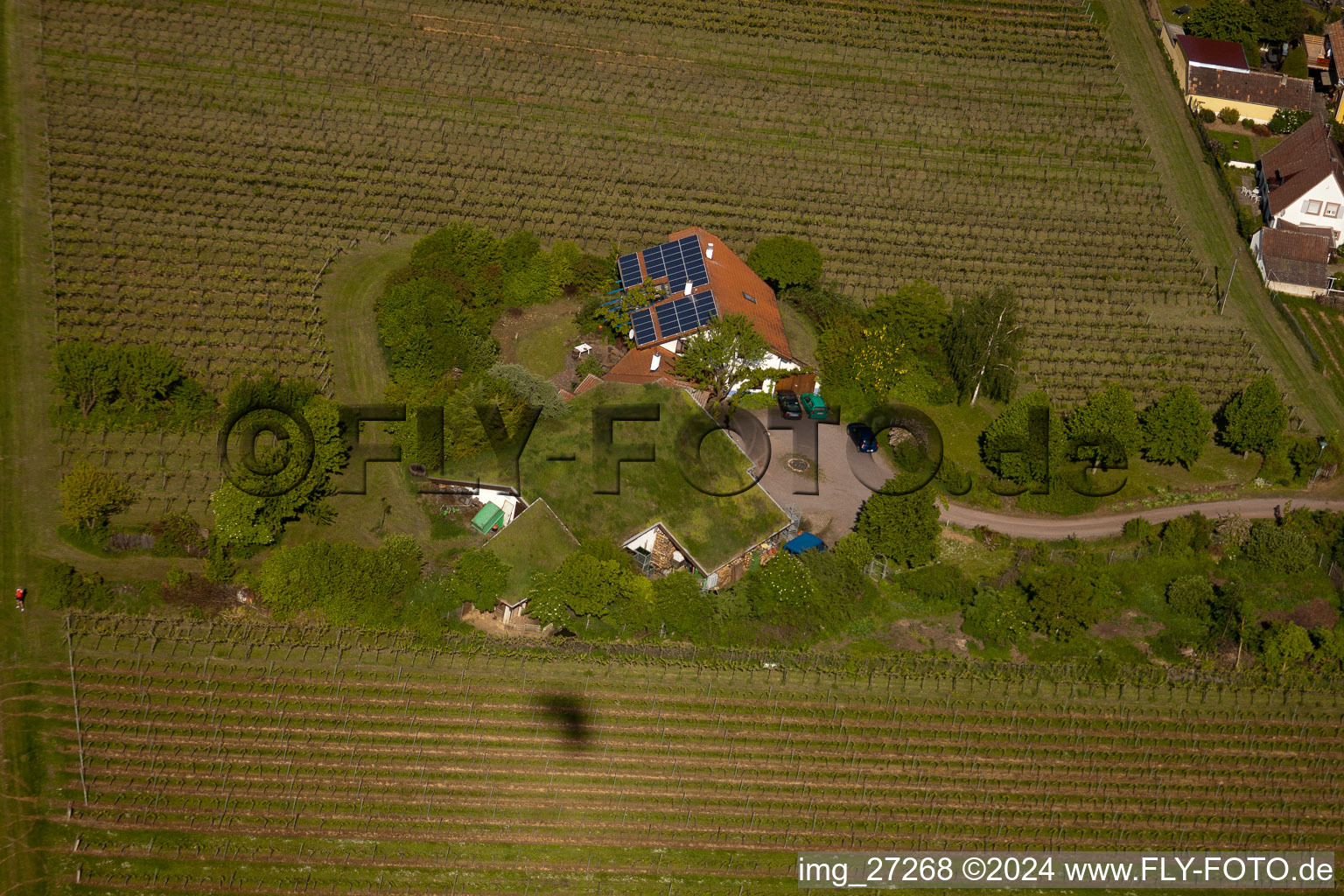 Drone image of Bioland winegrowing under the grass roof Marzolph winery in the district Wollmesheim in Landau in der Pfalz in the state Rhineland-Palatinate, Germany