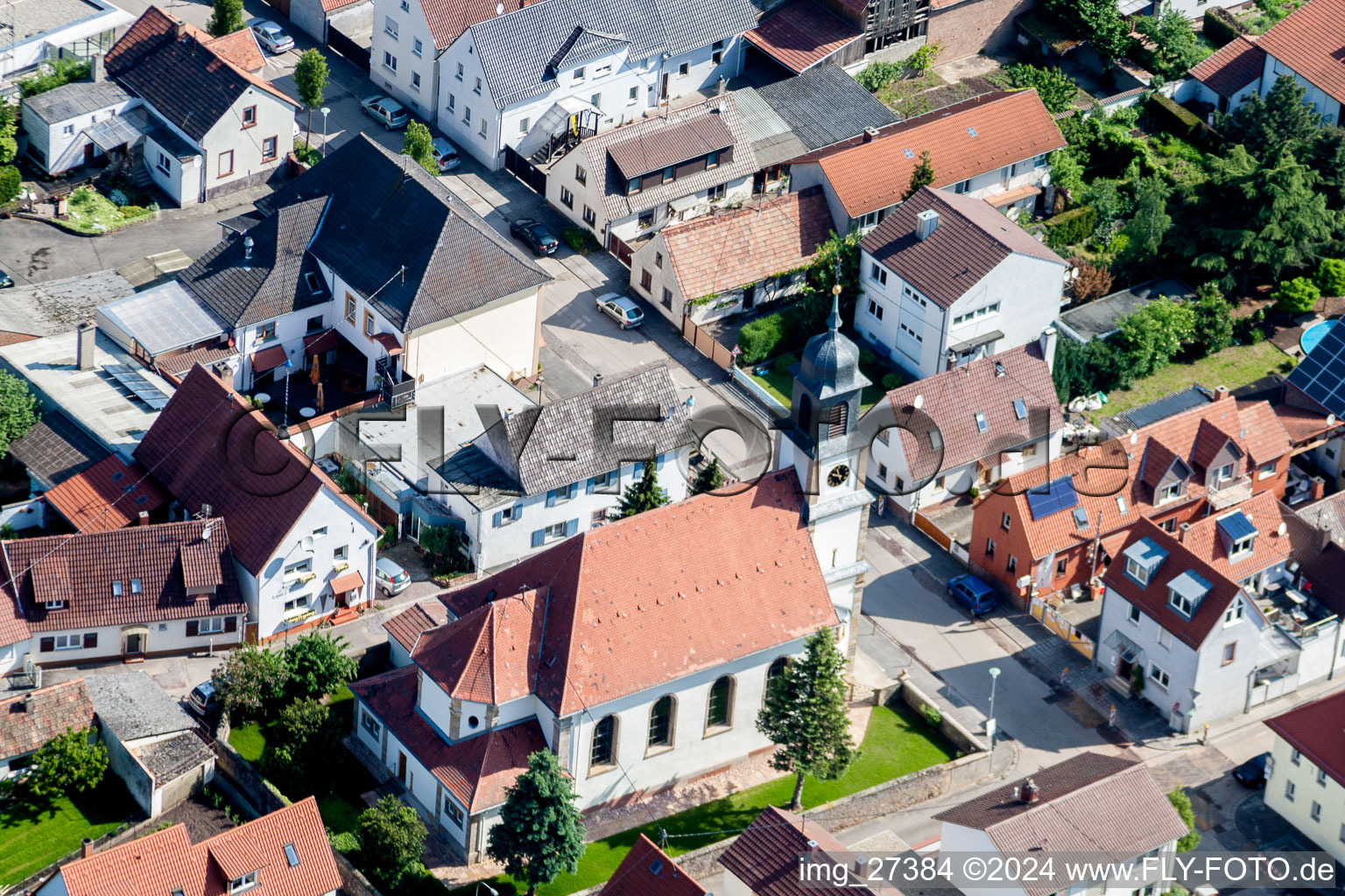 Aerial view of Church building of St. Martin in the village of in the district Moerlheim in Landau in der Pfalz in the state Rhineland-Palatinate, Germany