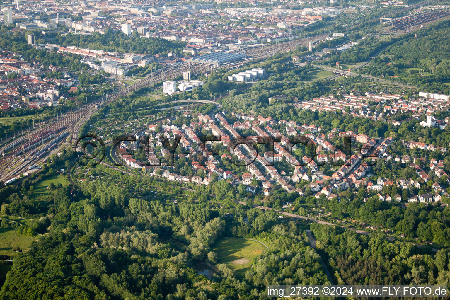 Train station and Dammerstock in the district Weiherfeld-Dammerstock in Karlsruhe in the state Baden-Wuerttemberg, Germany