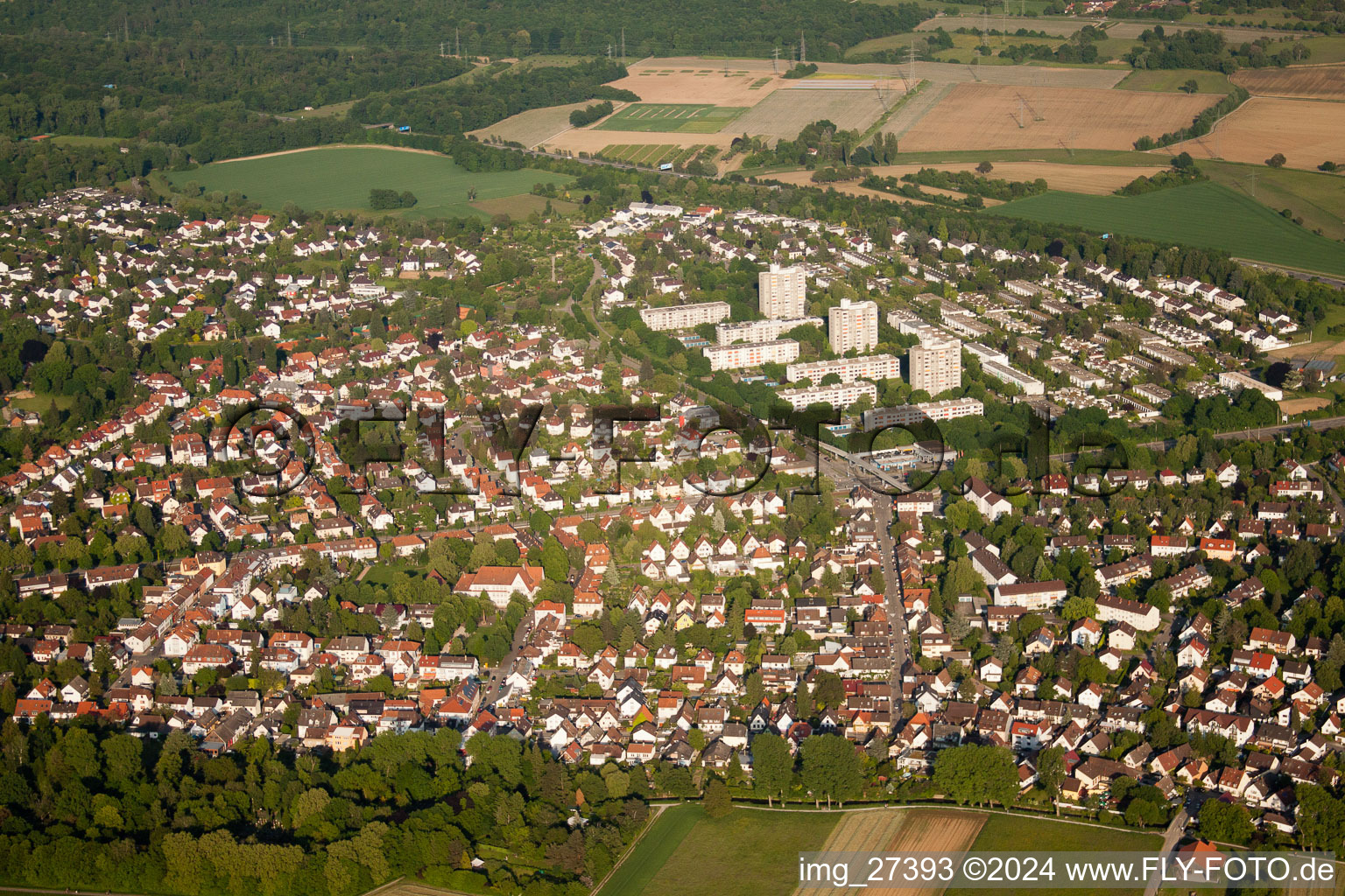 District Rüppurr in Karlsruhe in the state Baden-Wuerttemberg, Germany viewn from the air