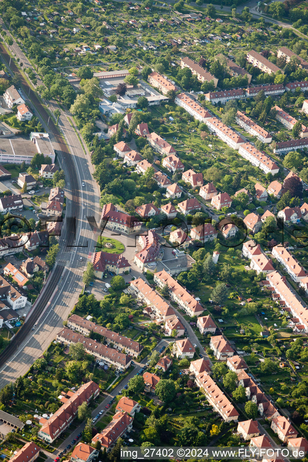 Aerial view of Ostendorfplatz in the district Rüppurr in Karlsruhe in the state Baden-Wuerttemberg, Germany