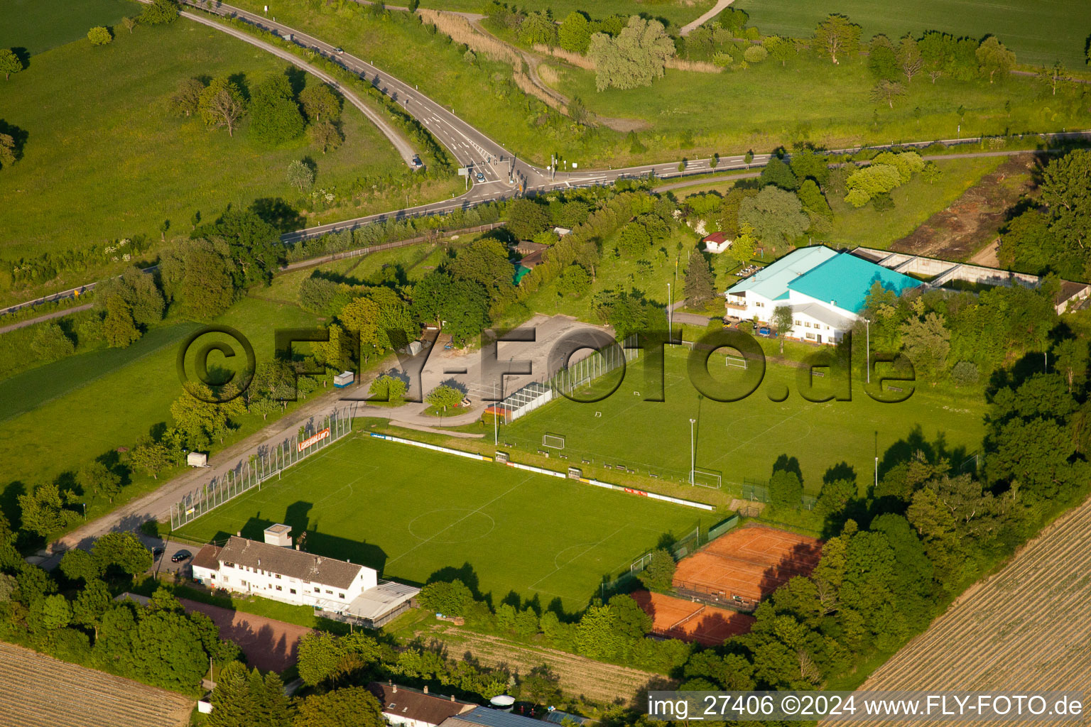 Aerial view of Sports field in the district Wolfartsweier in Karlsruhe in the state Baden-Wuerttemberg, Germany