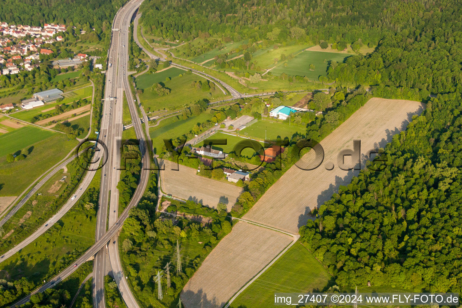 Sports grounds and football pitch of Allg. Sportver. Wolfartsweier on A5 in Karlsruhe in the state Baden-Wurttemberg, Germany