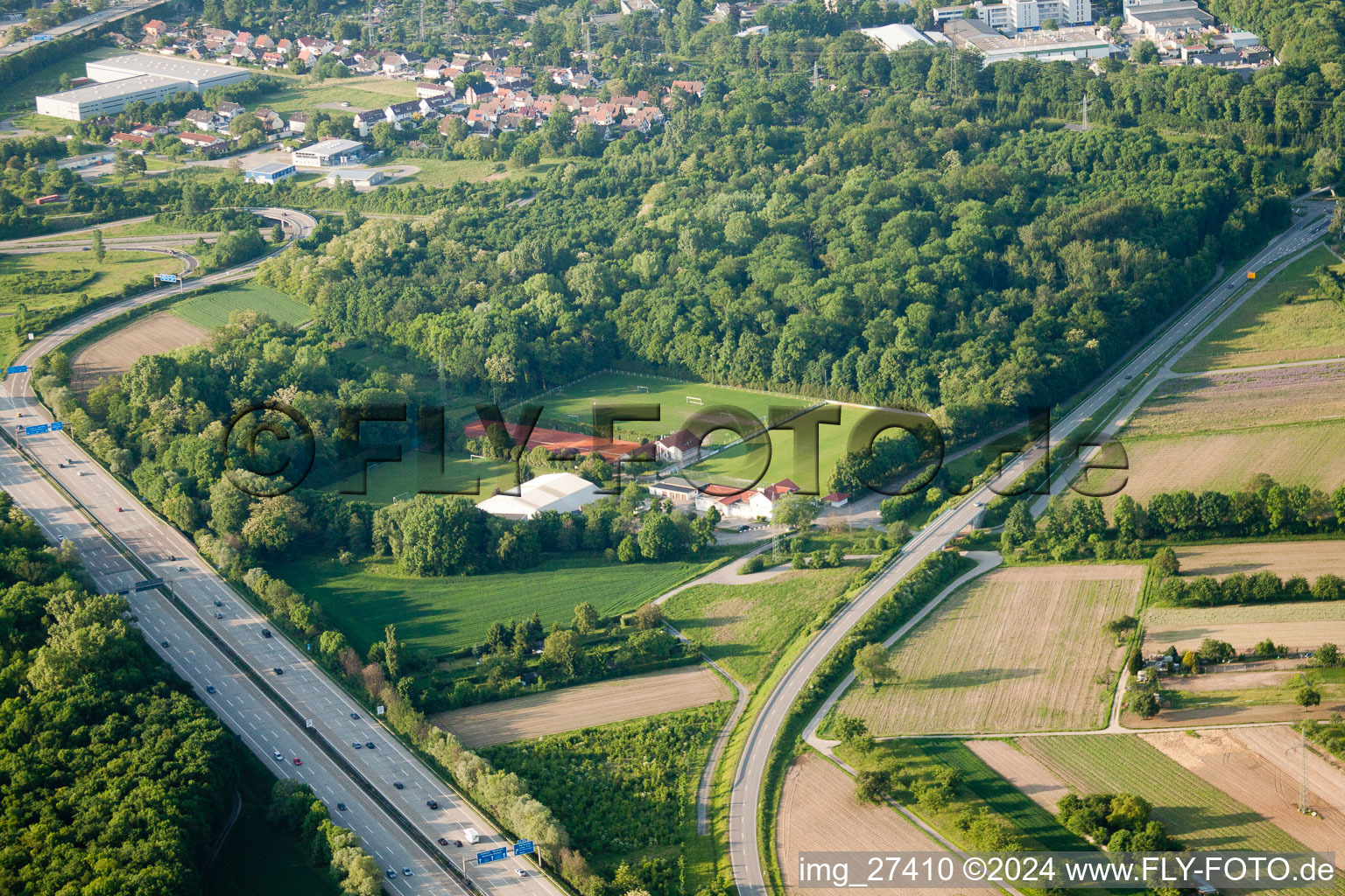 Aerial view of Oberwald Stadium in the district Durlach in Karlsruhe in the state Baden-Wuerttemberg, Germany