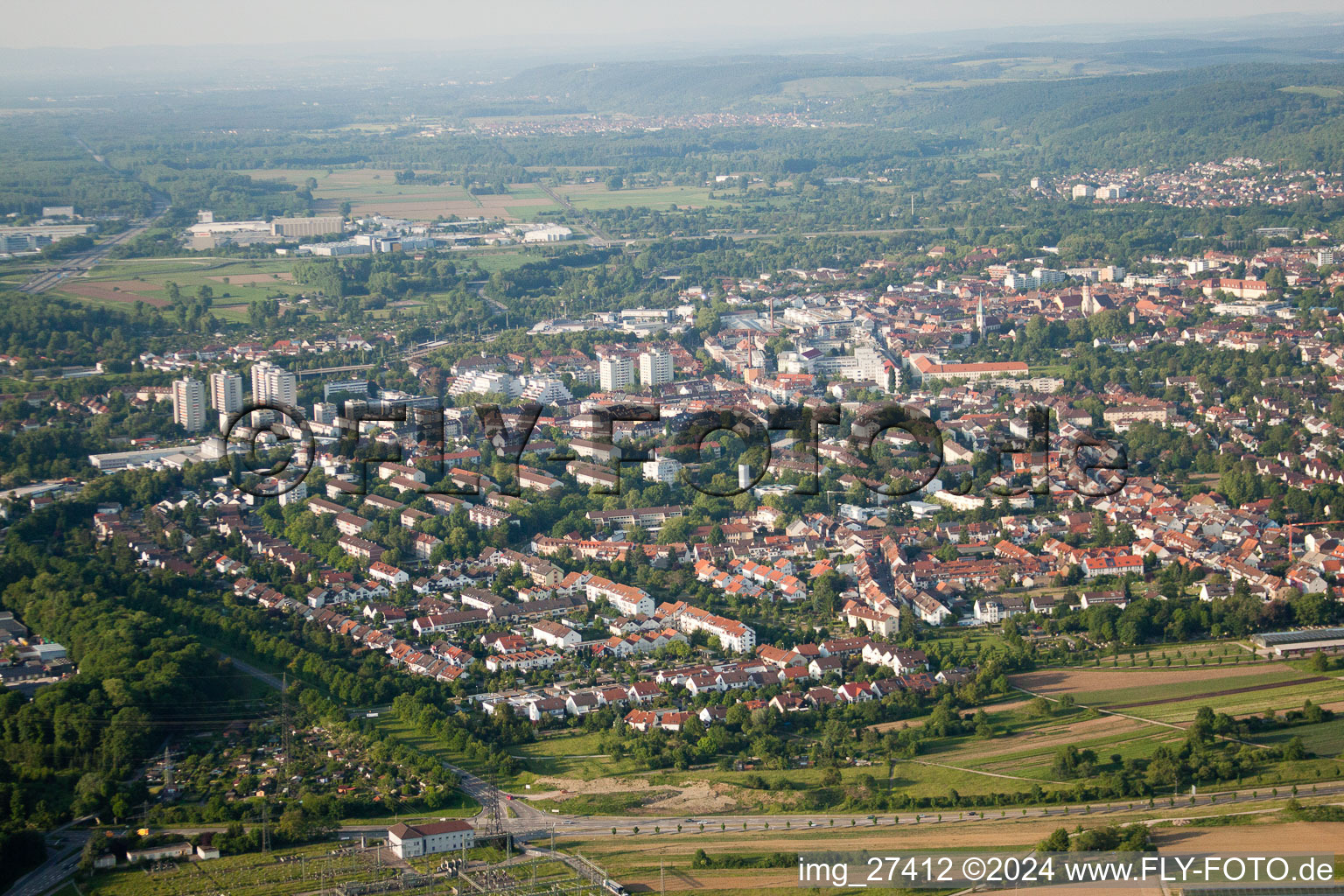 Oblique view of Floodplain in the district Durlach in Karlsruhe in the state Baden-Wuerttemberg, Germany