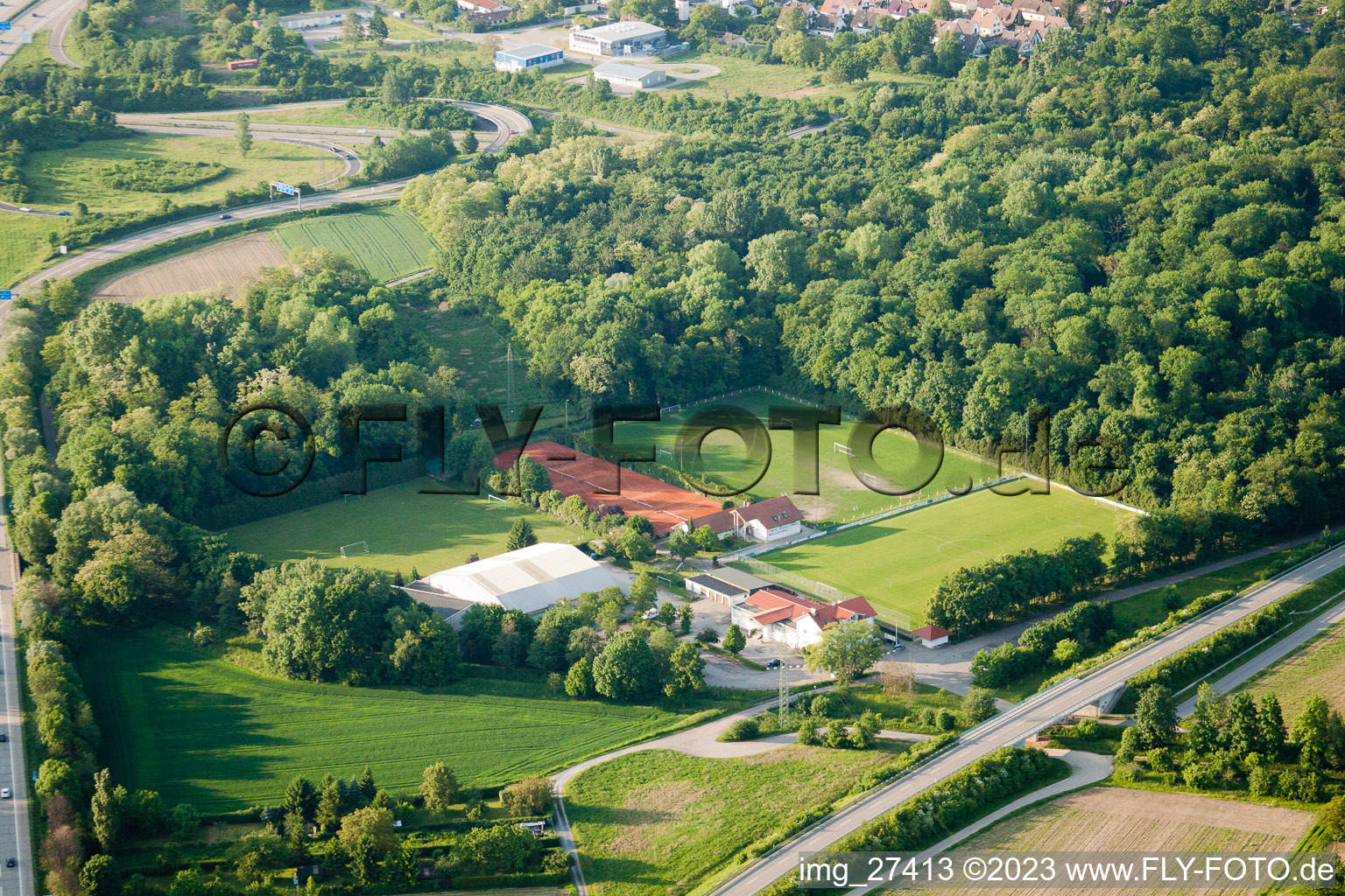 Aerial photograpy of Oberwald Stadium in the district Durlach in Karlsruhe in the state Baden-Wuerttemberg, Germany