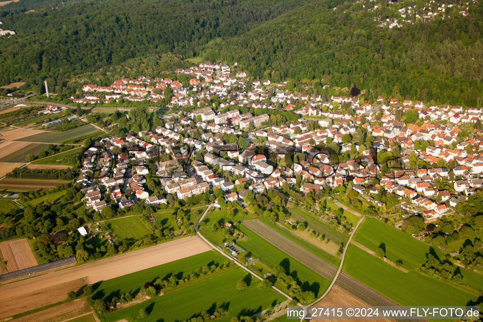 District Wolfartsweier in Karlsruhe in the state Baden-Wuerttemberg, Germany seen from above