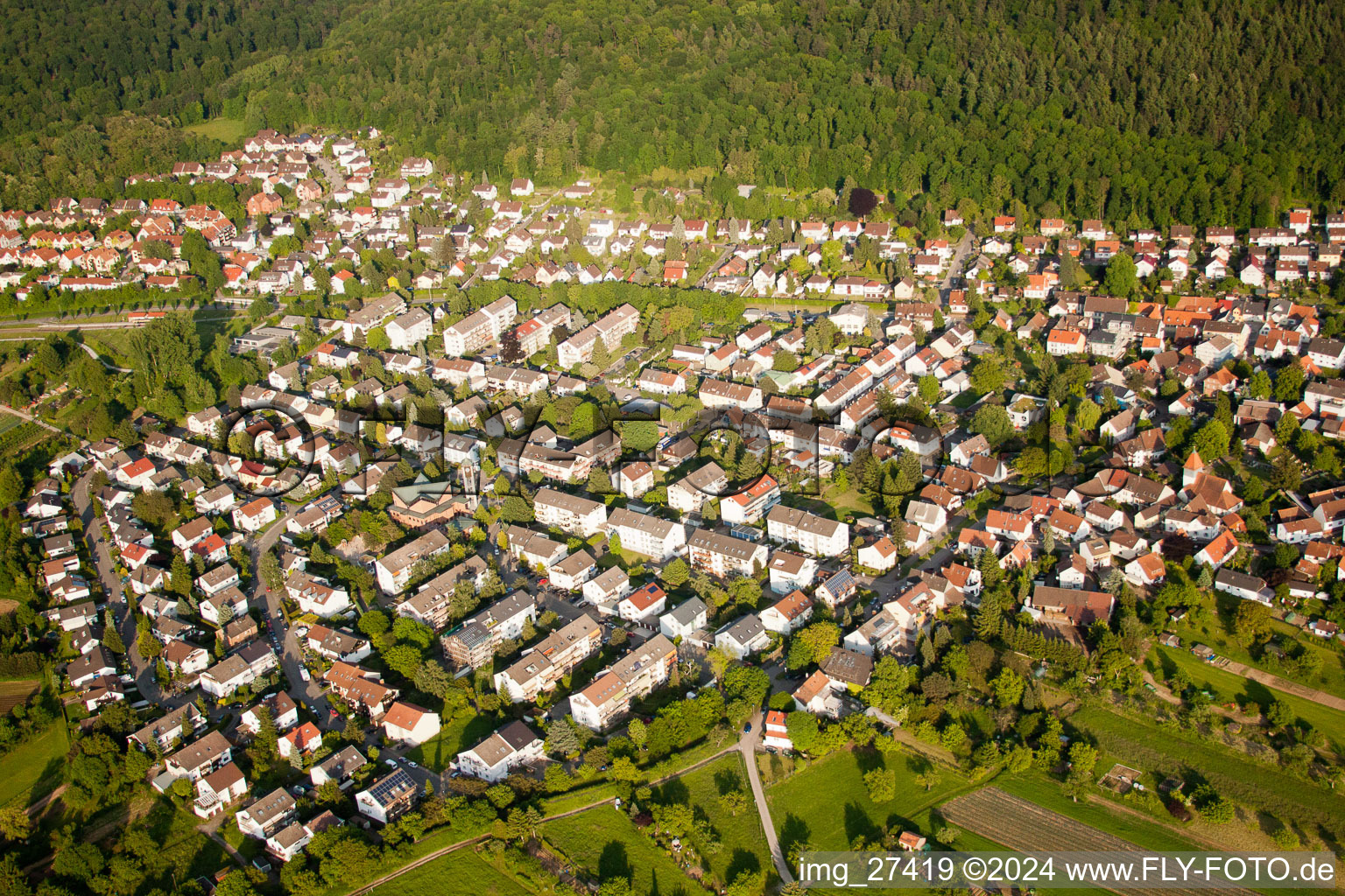 District Wolfartsweier in Karlsruhe in the state Baden-Wuerttemberg, Germany from the plane