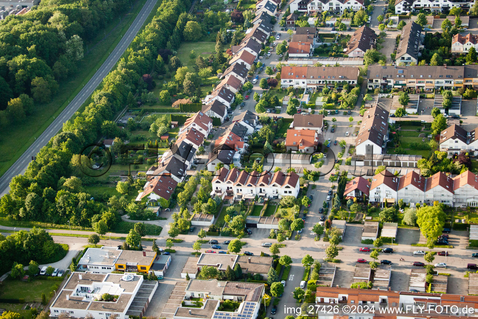 Floodplain in the district Durlach in Karlsruhe in the state Baden-Wuerttemberg, Germany seen from above