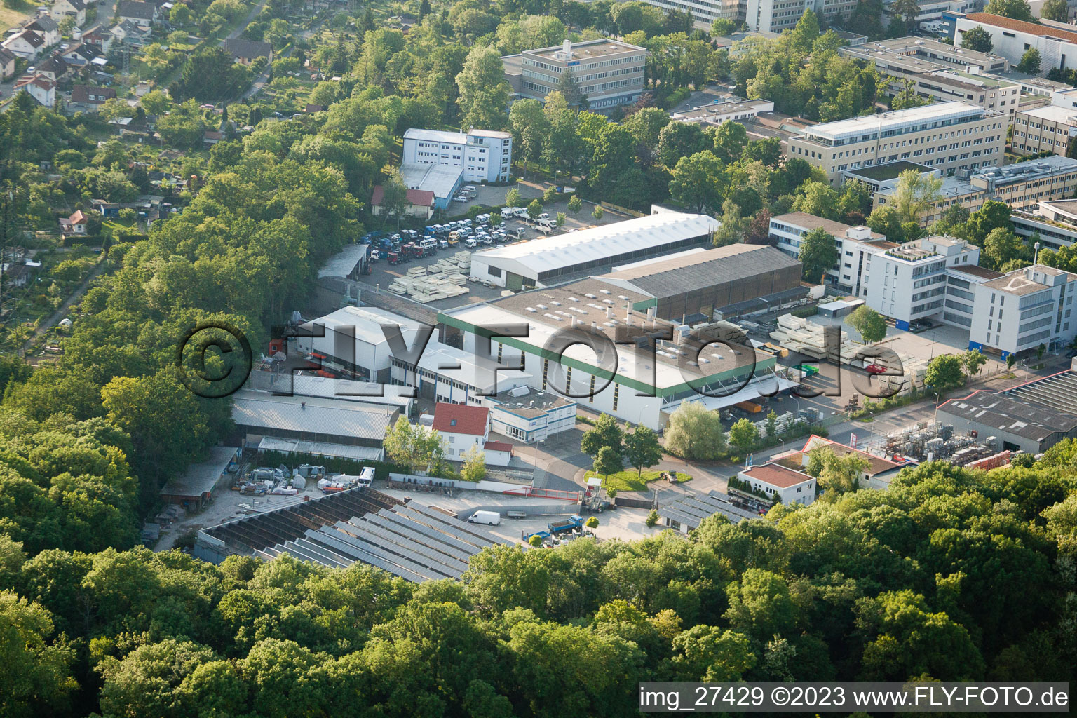 Aerial view of Killisfeld industrial area in the district Durlach in Karlsruhe in the state Baden-Wuerttemberg, Germany