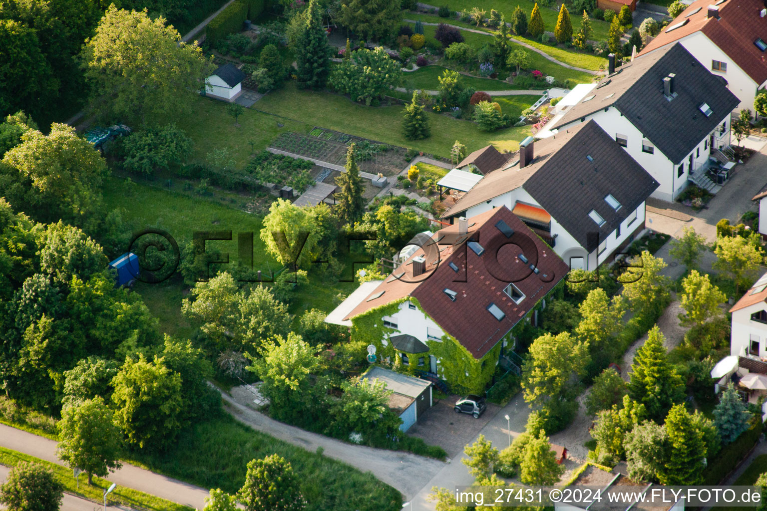 Floodplain in the district Durlach in Karlsruhe in the state Baden-Wuerttemberg, Germany viewn from the air