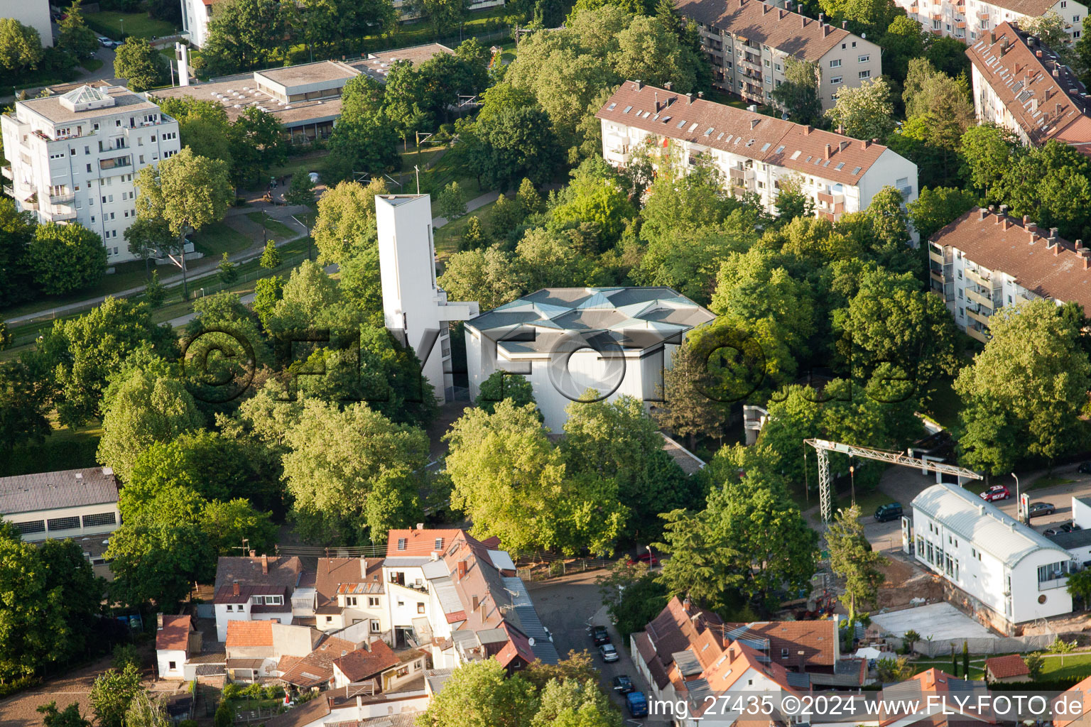 Aerial view of St. John's Church in the district Durlach in Karlsruhe in the state Baden-Wuerttemberg, Germany