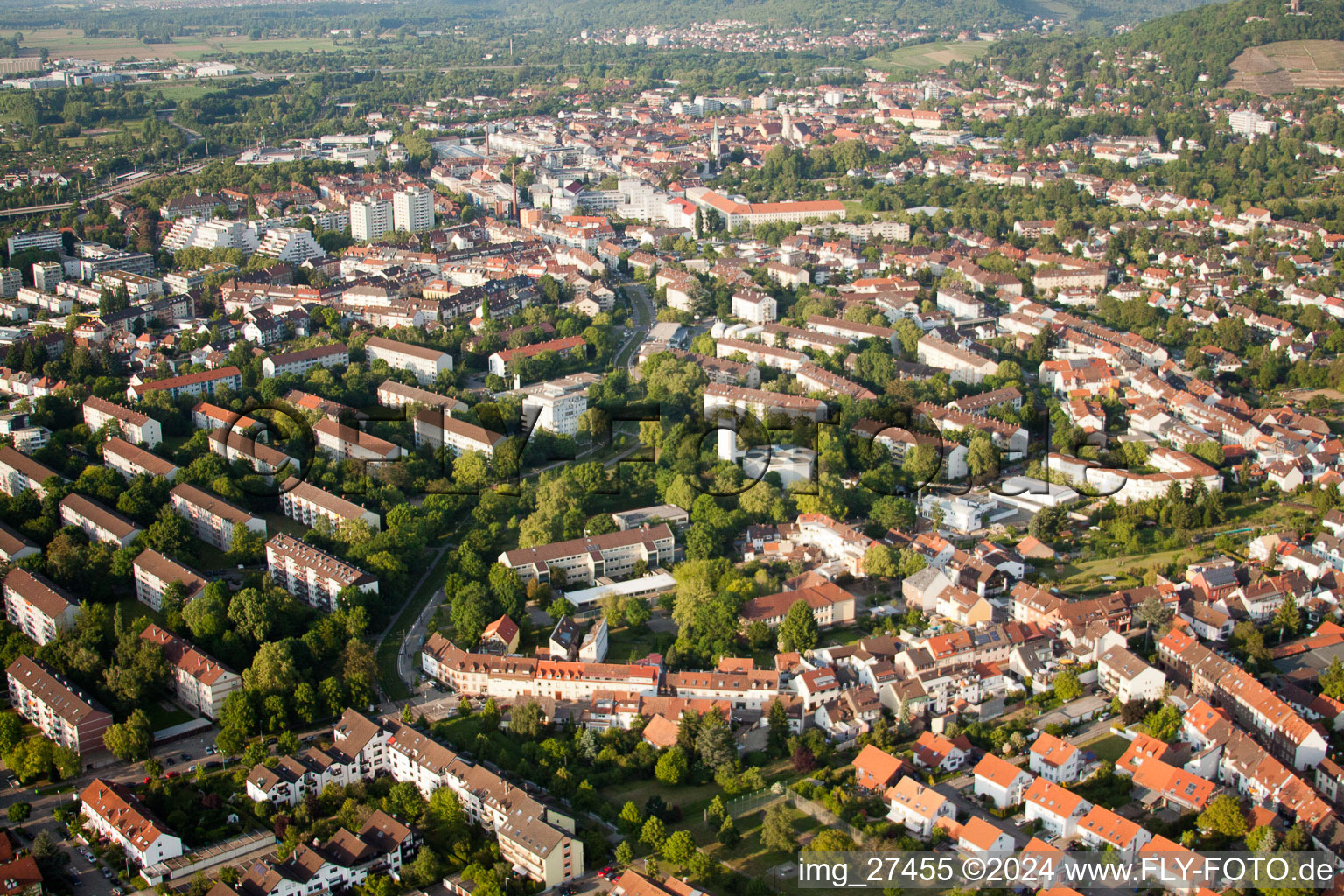 Floodplain in the district Durlach in Karlsruhe in the state Baden-Wuerttemberg, Germany seen from a drone