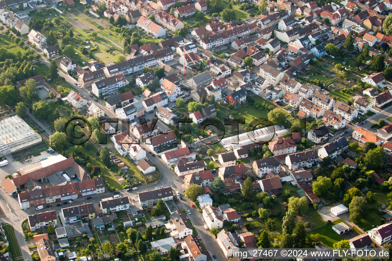 Aerial view of Silesian Street in the district Durlach in Karlsruhe in the state Baden-Wuerttemberg, Germany