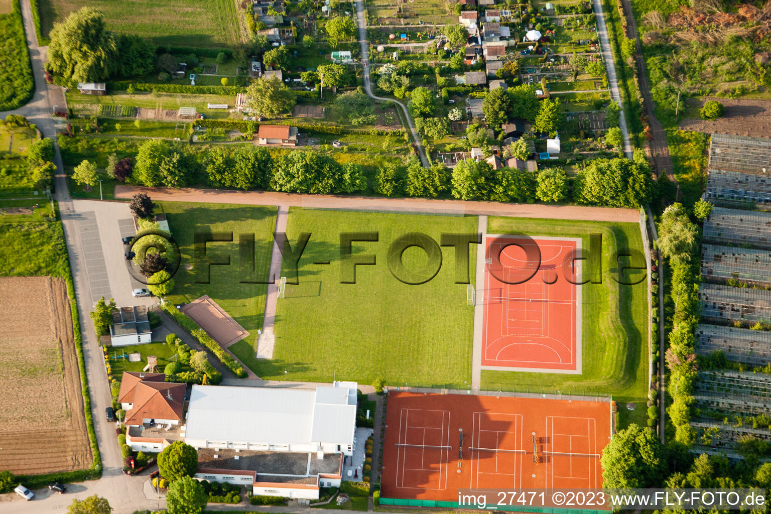 Aerial view of Aue, sports field in the district Durlach in Karlsruhe in the state Baden-Wuerttemberg, Germany