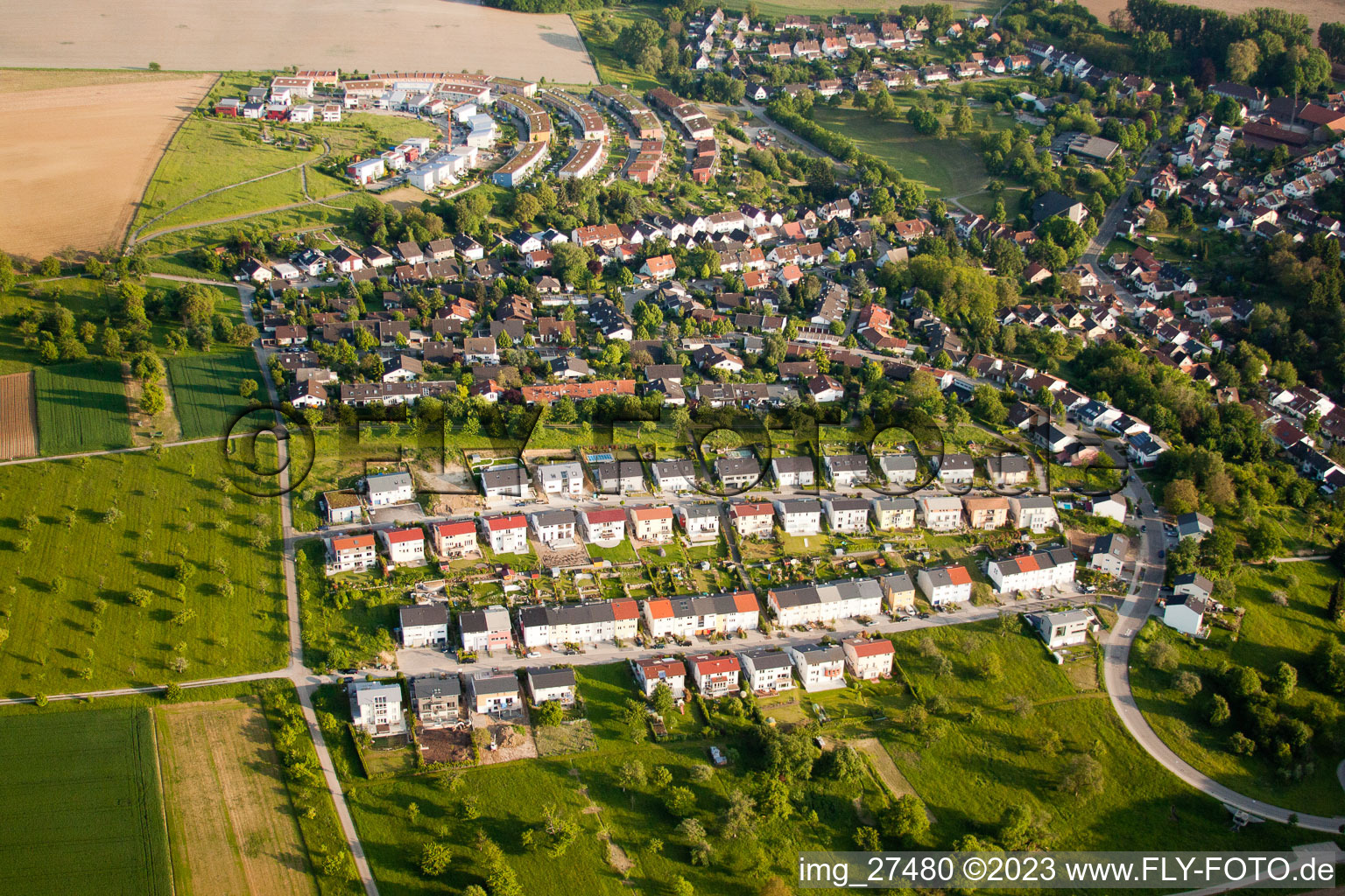 Drone image of District Hohenwettersbach in Karlsruhe in the state Baden-Wuerttemberg, Germany