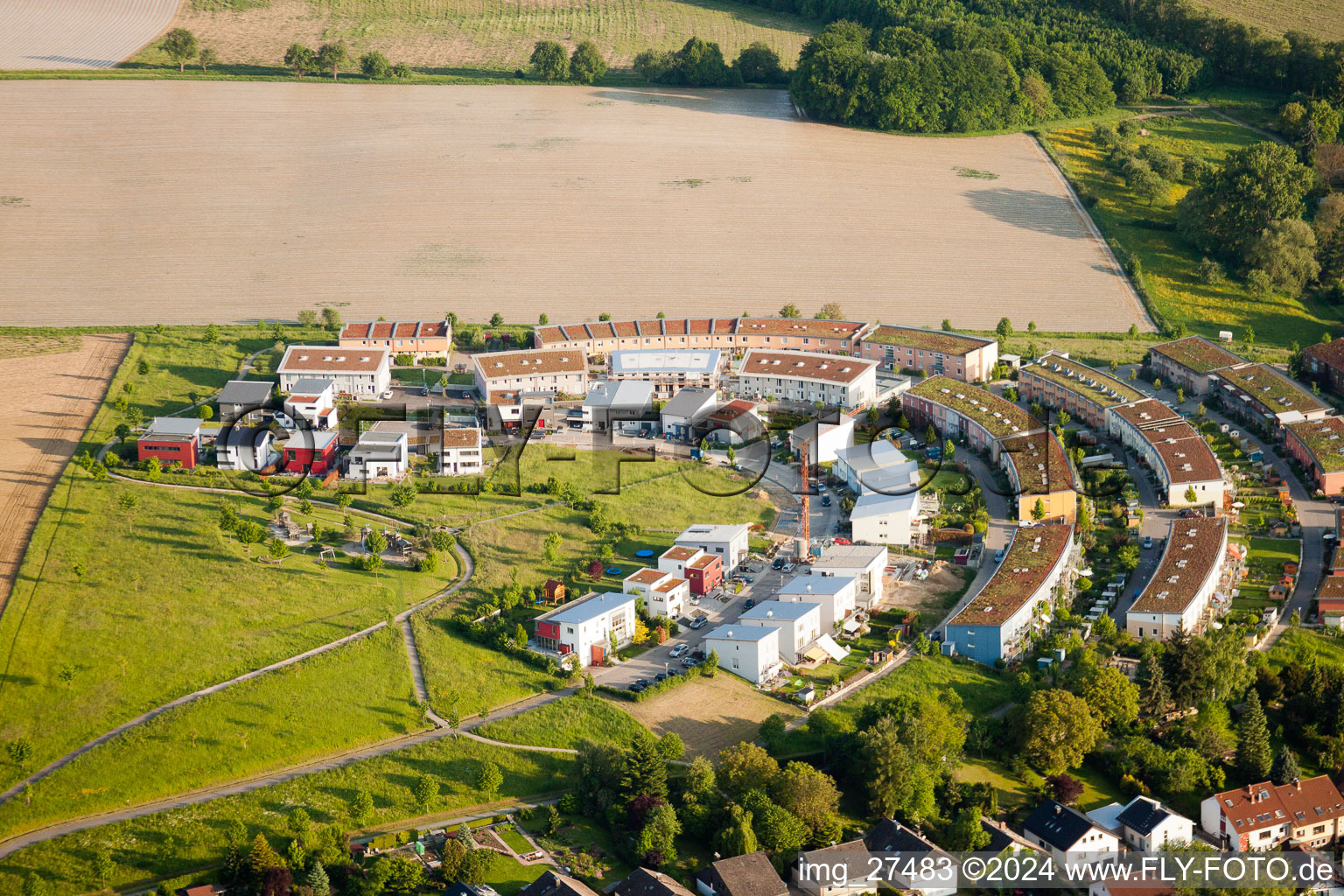 District Hohenwettersbach in Karlsruhe in the state Baden-Wuerttemberg, Germany seen from a drone