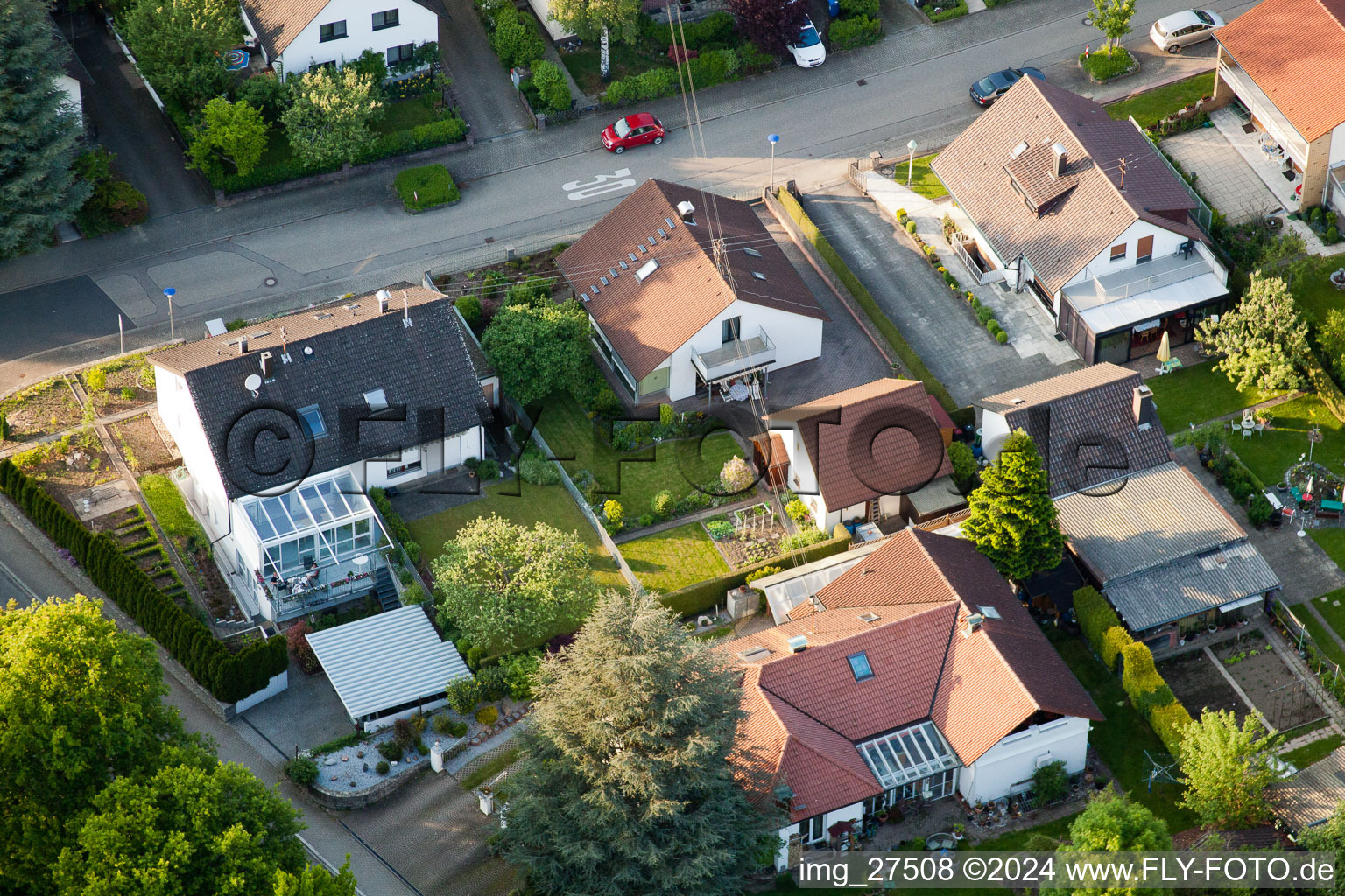 Aerial view of Gerberastraße 4 in the district Stupferich in Karlsruhe in the state Baden-Wuerttemberg, Germany