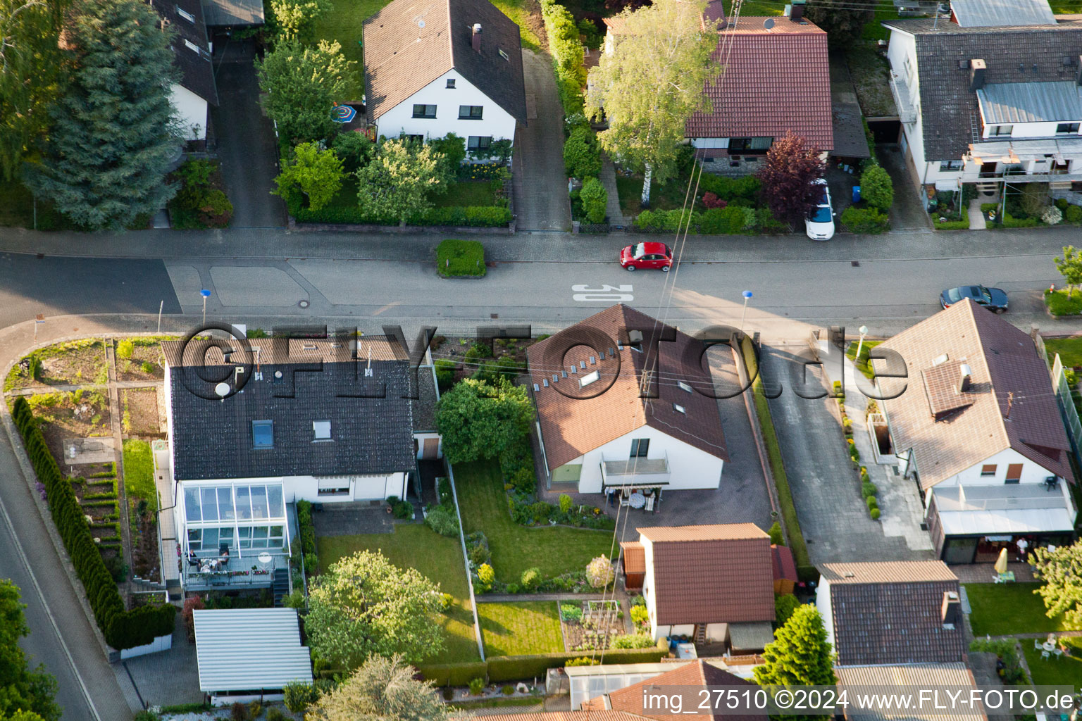 Oblique view of Gerberastrasse 4 in the district Stupferich in Karlsruhe in the state Baden-Wuerttemberg, Germany