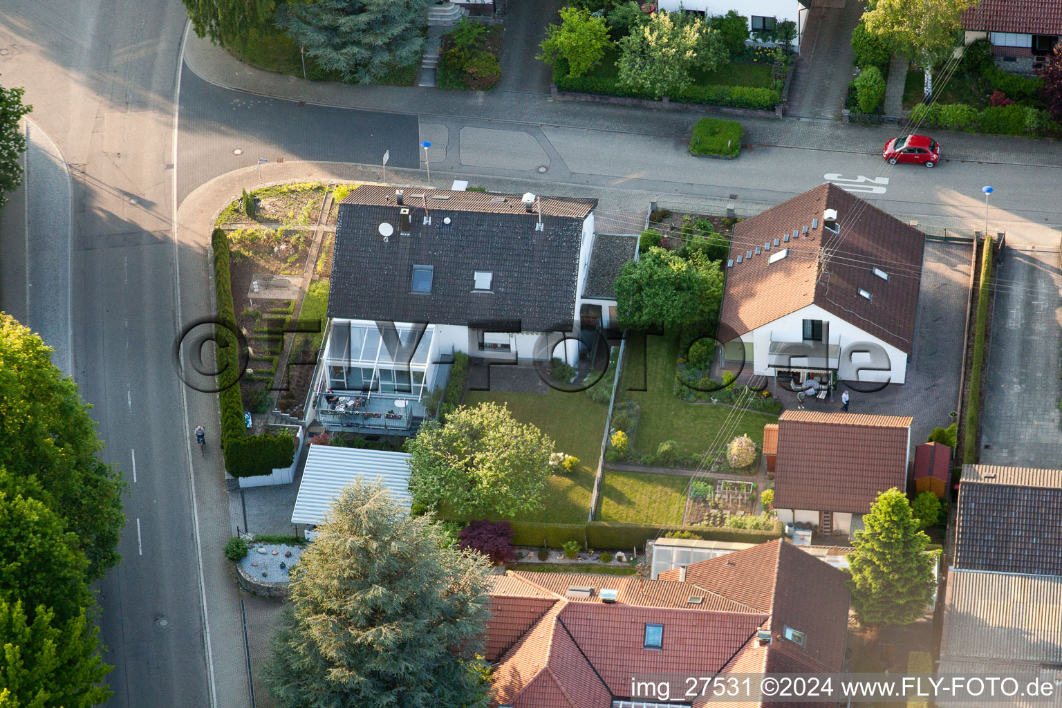 Drone recording of Gerberastrasse 4 in the district Stupferich in Karlsruhe in the state Baden-Wuerttemberg, Germany