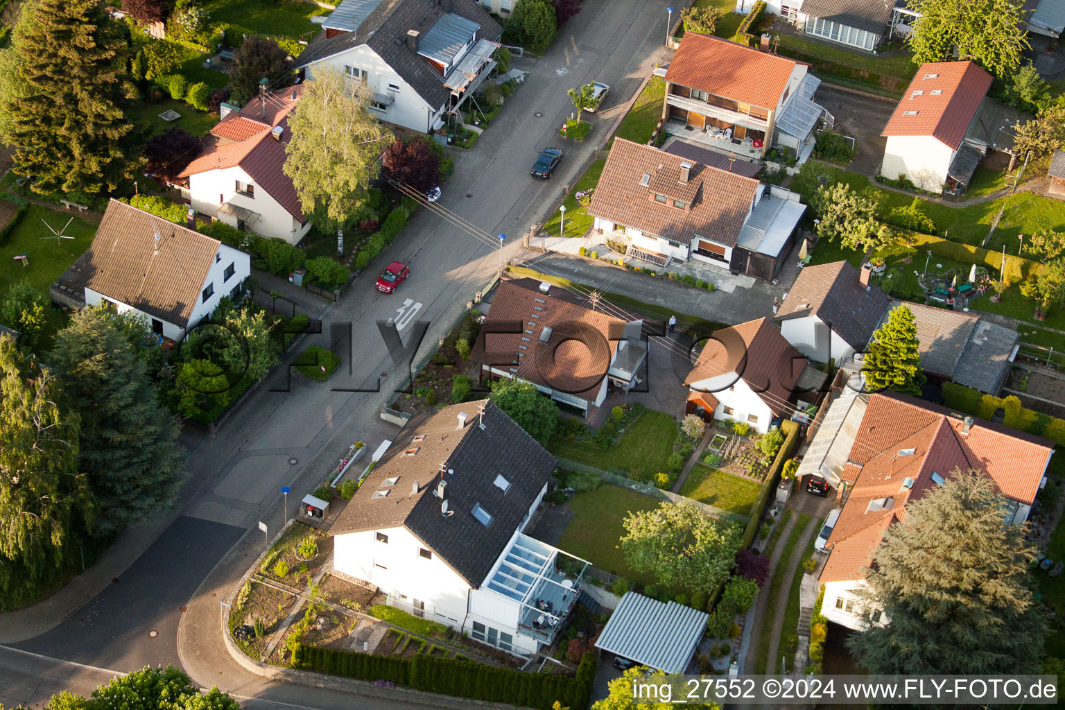 Oblique view of Gerberastrasse 4 in the district Stupferich in Karlsruhe in the state Baden-Wuerttemberg, Germany