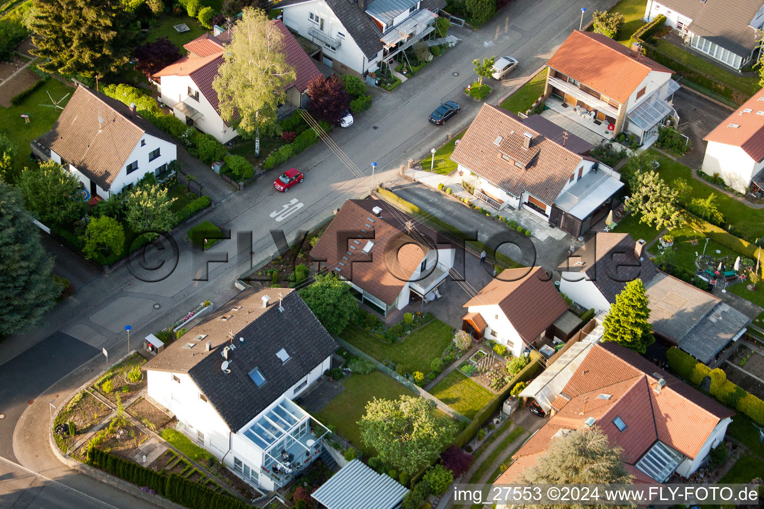 Gerberastraße 4 in the district Stupferich in Karlsruhe in the state Baden-Wuerttemberg, Germany from above