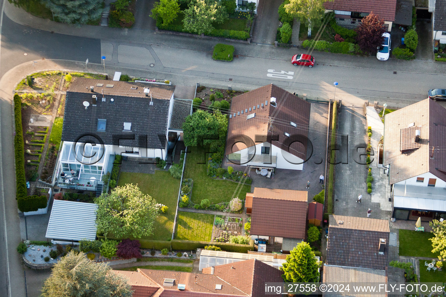 Bird's eye view of Gerberastrasse 4 in the district Stupferich in Karlsruhe in the state Baden-Wuerttemberg, Germany