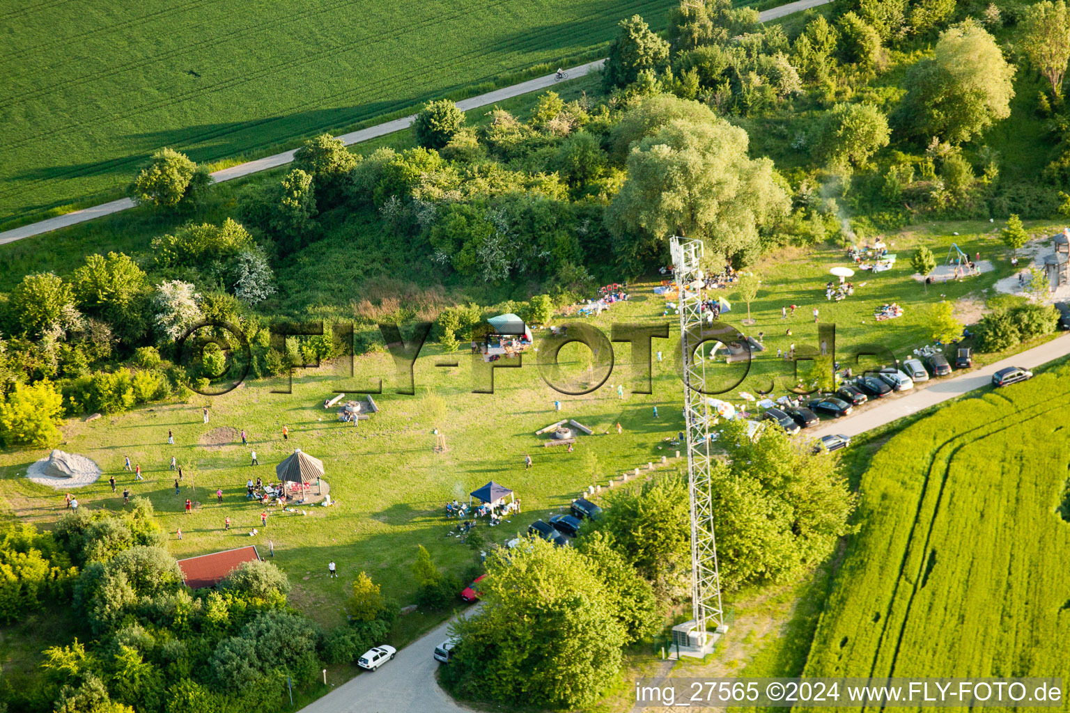 Aerial view of Barbecue area at the Karlovy Vary motorway exit in the district Stupferich in Karlsruhe in the state Baden-Wuerttemberg, Germany