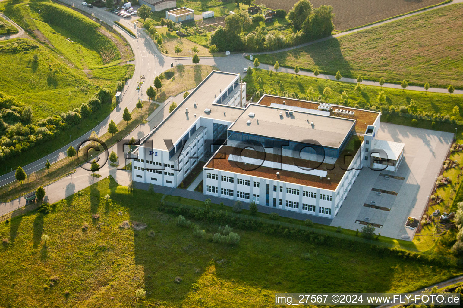 Aerial view of PI Physics Instruments GmbH in the district Stupferich in Karlsruhe in the state Baden-Wuerttemberg, Germany