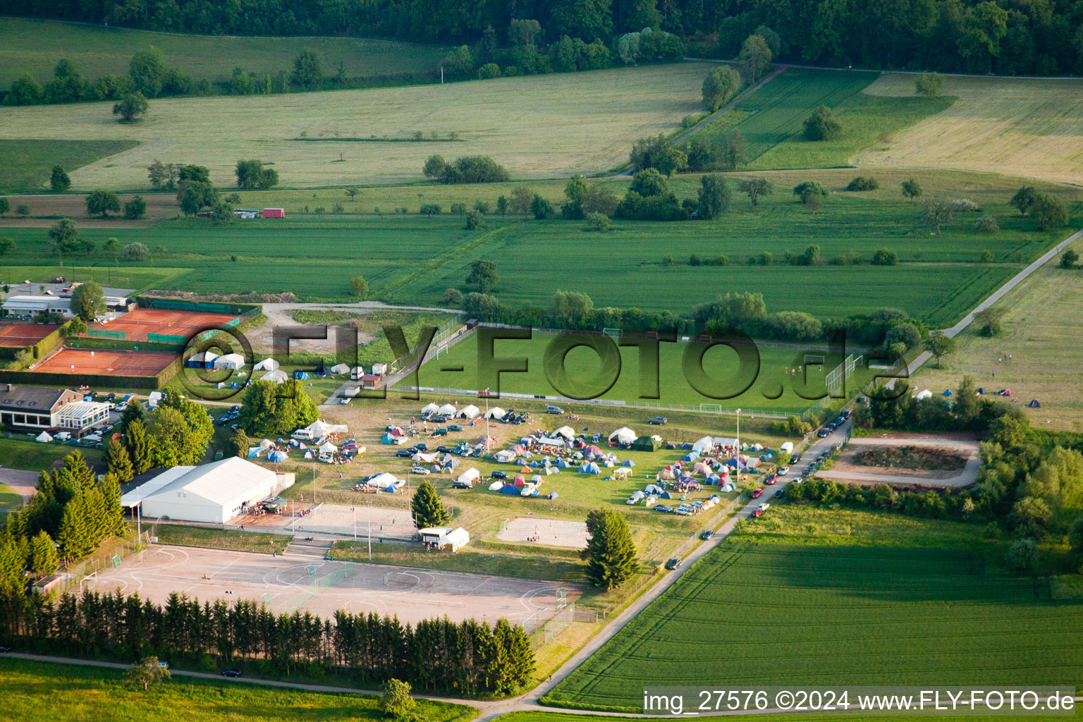 Aerial view of Handball Pentecost Tournament in the district Langensteinbach in Karlsbad in the state Baden-Wuerttemberg, Germany