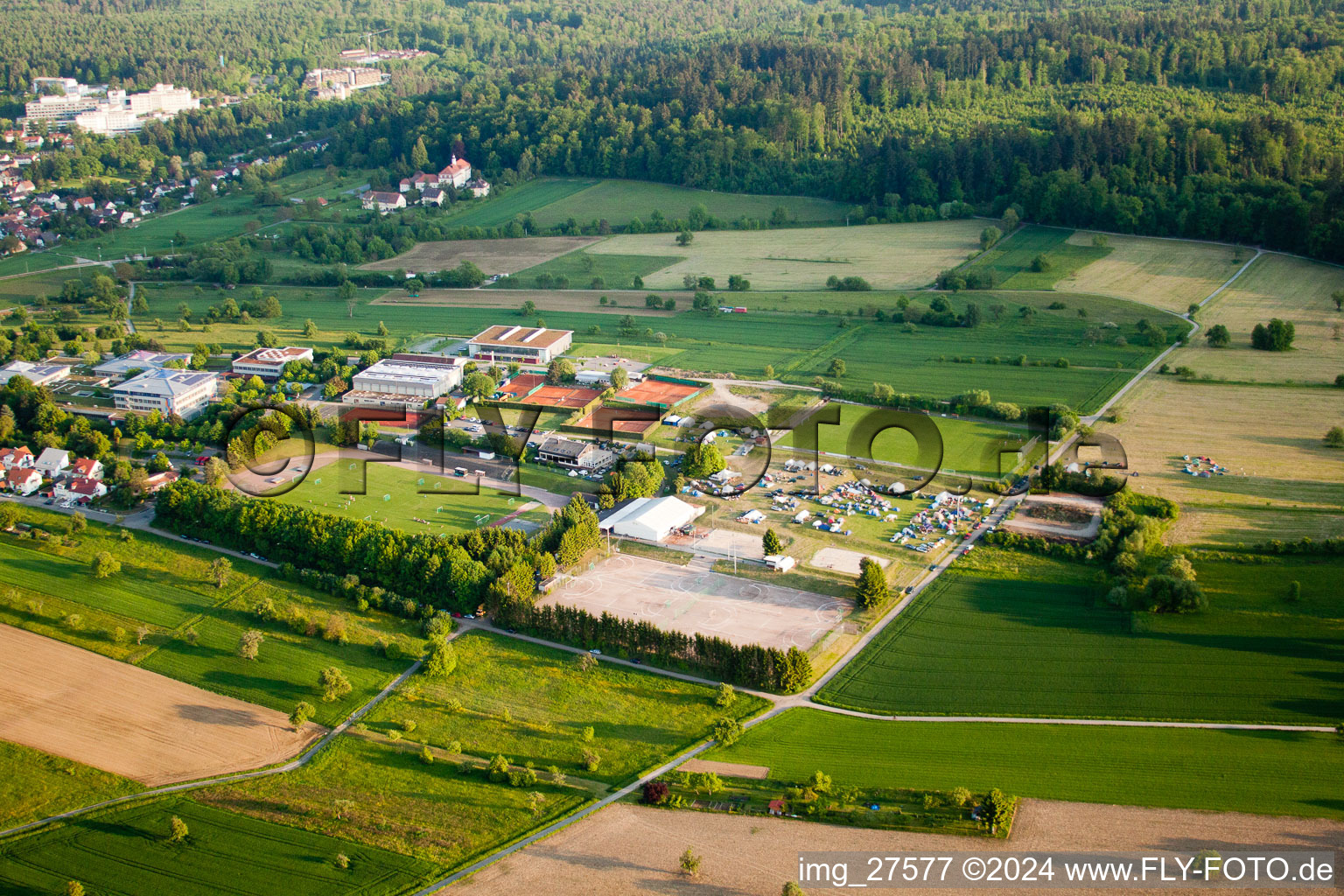 Aerial photograpy of Handball Pentecost Tournament in the district Langensteinbach in Karlsbad in the state Baden-Wuerttemberg, Germany